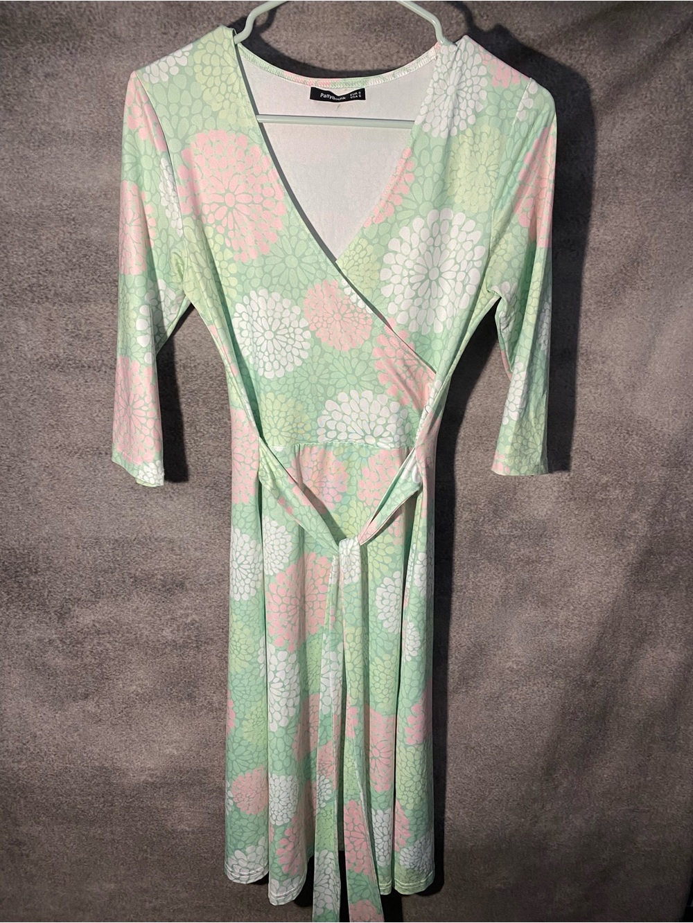 PattyBoutik Floral Faux Wrap Midi Dress Mint Green Pink Size S 3/4 Sleeve